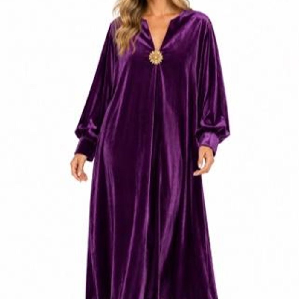 Oshoplive Women's Purple Velvet Long Sleeve Elegant V-Neck Midi Dress